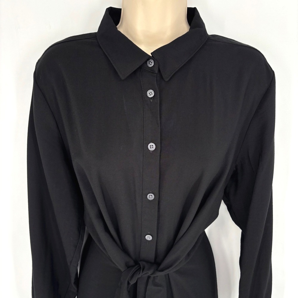Loft Womens Black Button Down Long Sleeve Tie Waist Midi Shirt Dress Size 14